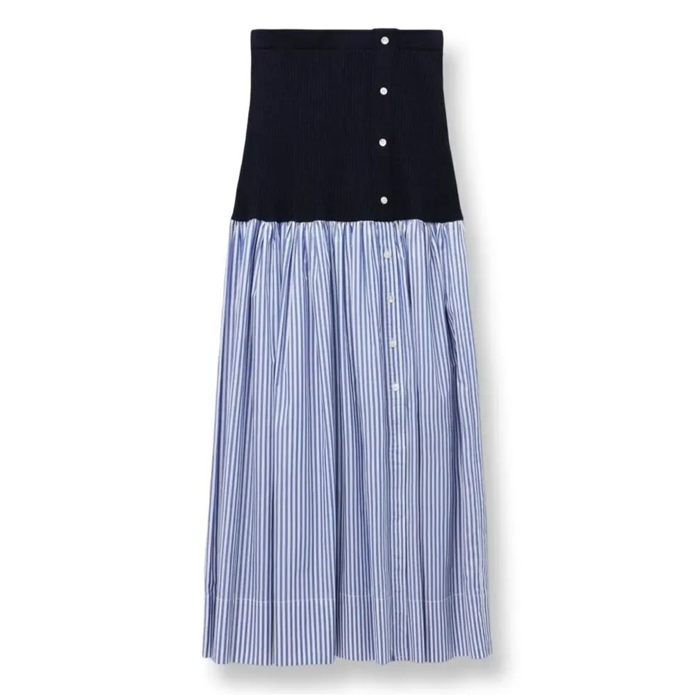 Staud Blue Knit & Poplin Striped Maxi Skirt - Picture 2 of 2